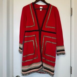 Chico's Reba Sweater/ Duster Red Cardigan with Black and Gold Trim